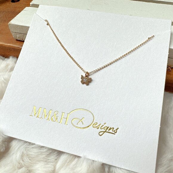New Dainty 14k Yellow Gold Filled Tiny Butterfly Pendant on Fine Chain Necklace - Picture 3 of 4